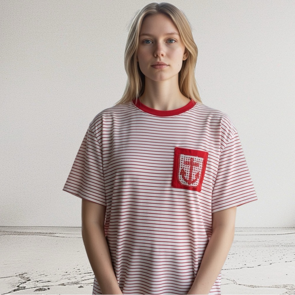 703. Striped Crocheted Anchor Tshirt Red Cream